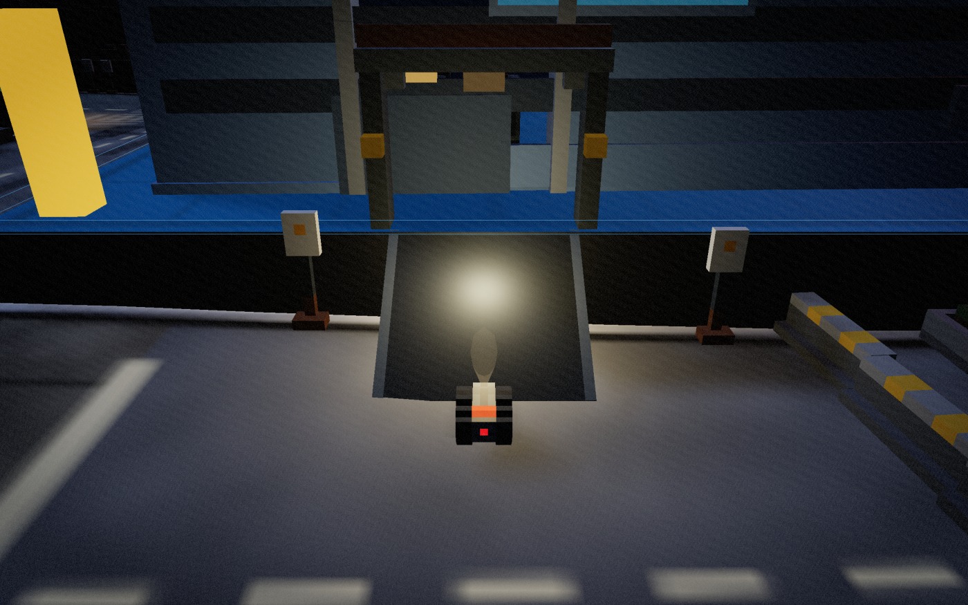 An Ember rover at the foot of a dock ramp, its lamp up the ramp at the doorway in the building above it