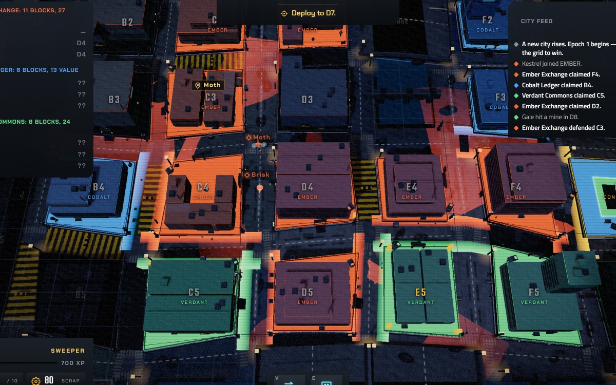 The city map with each block's face filled by what the lineages have read of it, camera cones lying on the streets, and a sweep ring rolling out of one held block